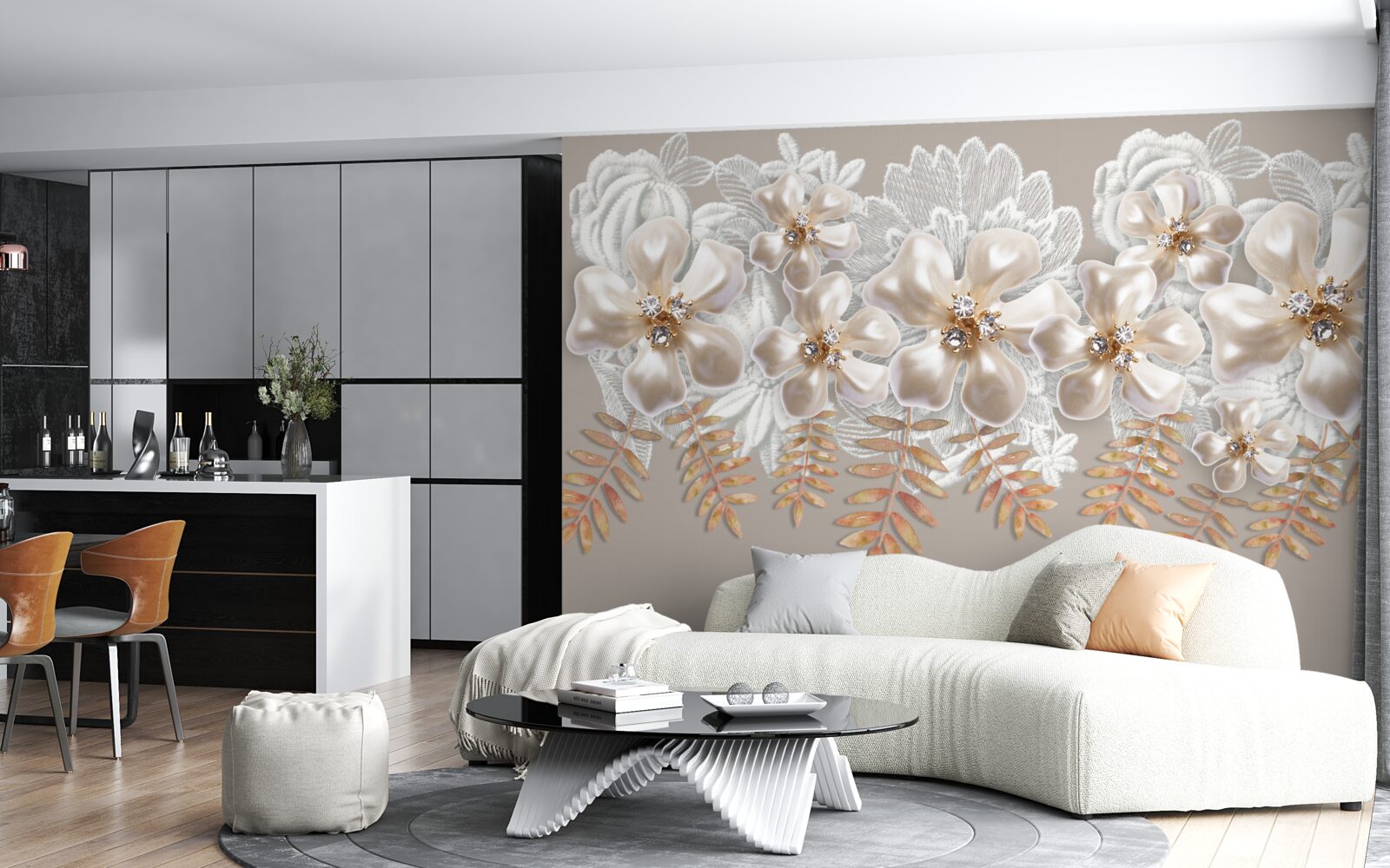 Fototapeta białe pąki, lśniące jasnym pięknem, na złotych gałęziach