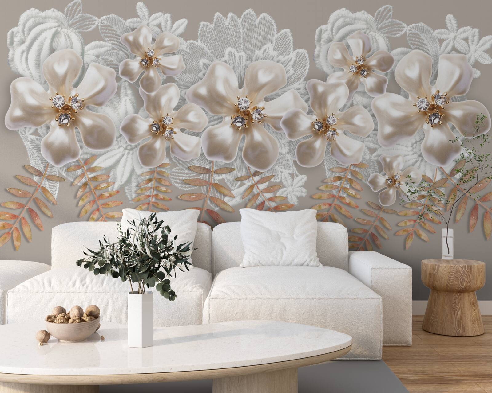 Fototapeta białe pąki, lśniące jasnym pięknem, na złotych gałęziach