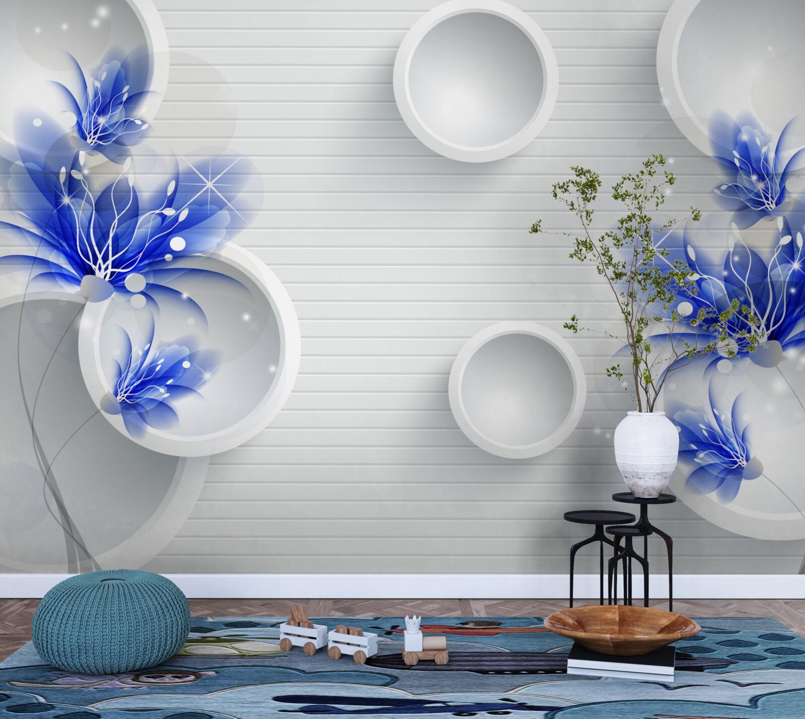 Fototapeta na abstrakcyjnym tle z kółkami znajdują się niebieskie pąki