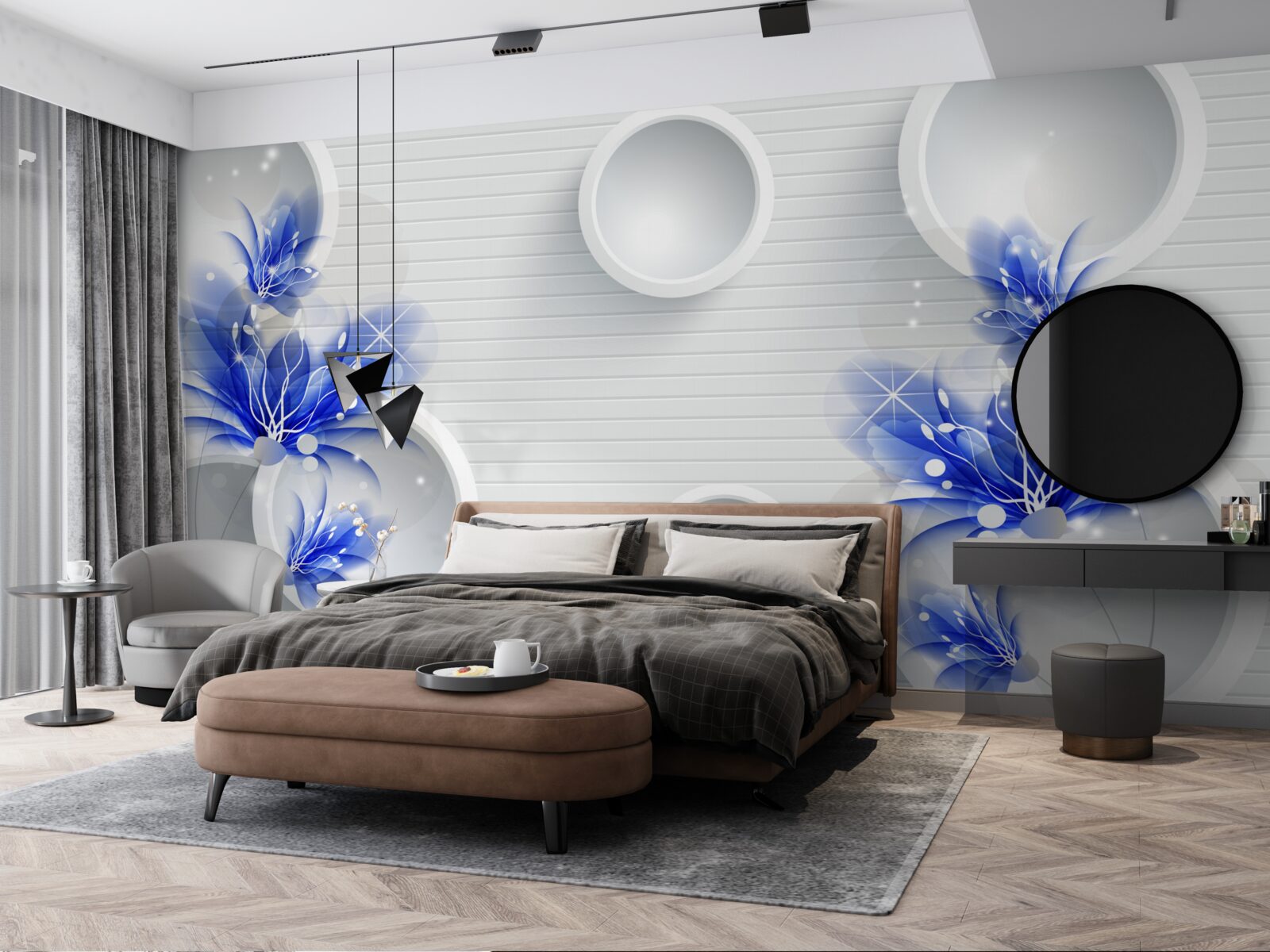 Fototapeta na abstrakcyjnym tle z kółkami znajdują się niebieskie pąki