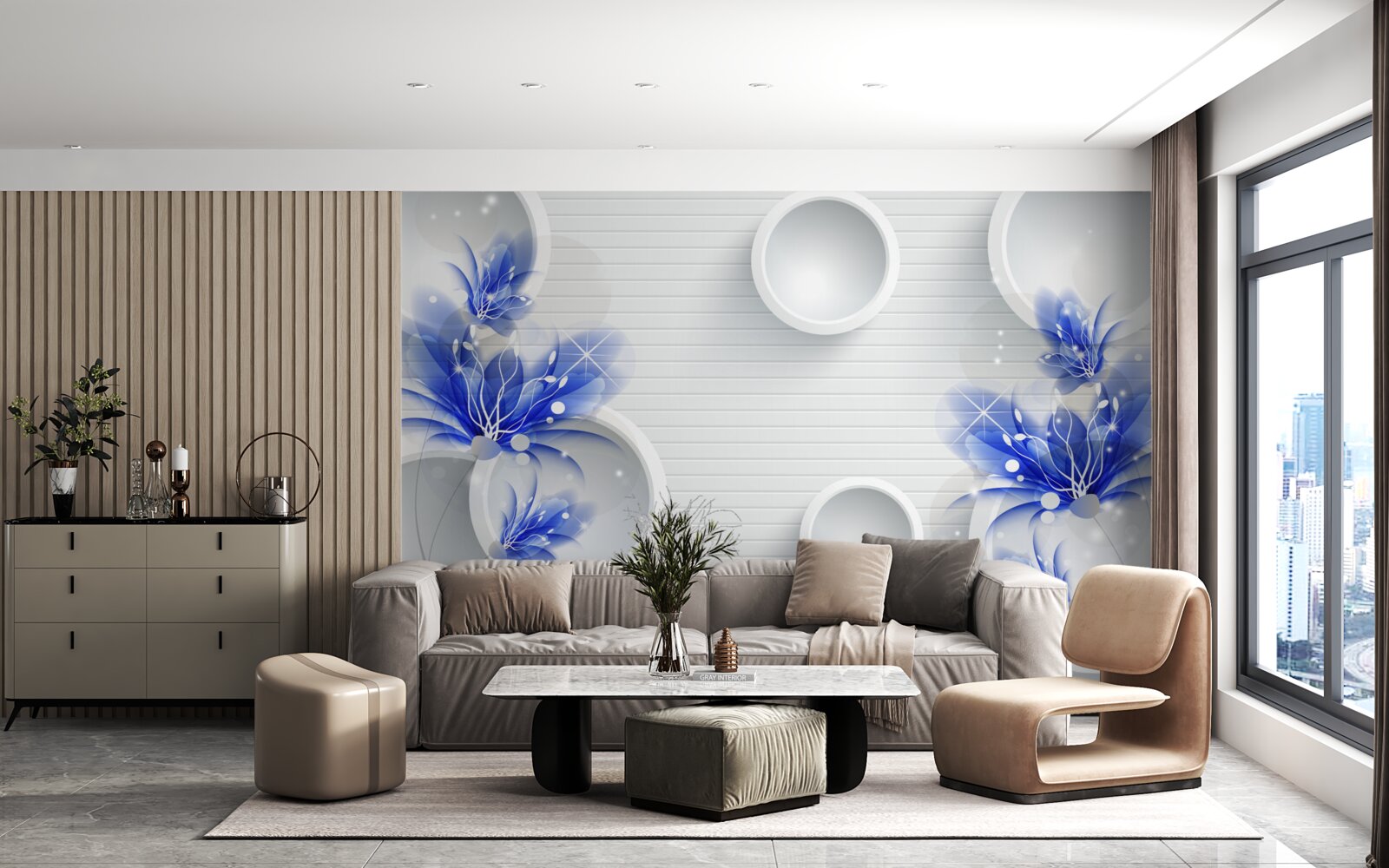 Fototapeta na abstrakcyjnym tle z kółkami znajdują się niebieskie pąki