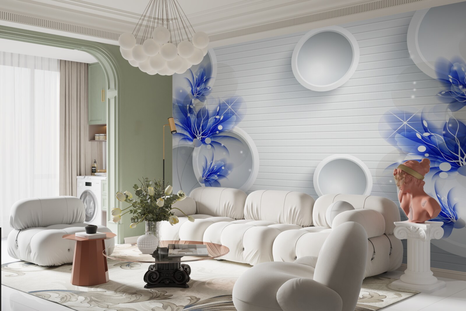 Fototapeta na abstrakcyjnym tle z kółkami znajdują się niebieskie pąki