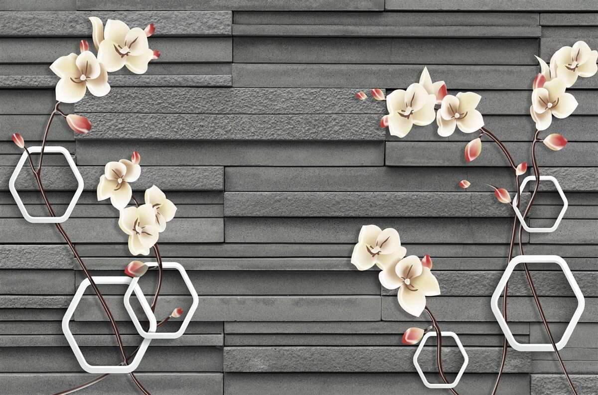 Fototapeta czarny kamienny mur ozdobiony białymi kwiatami