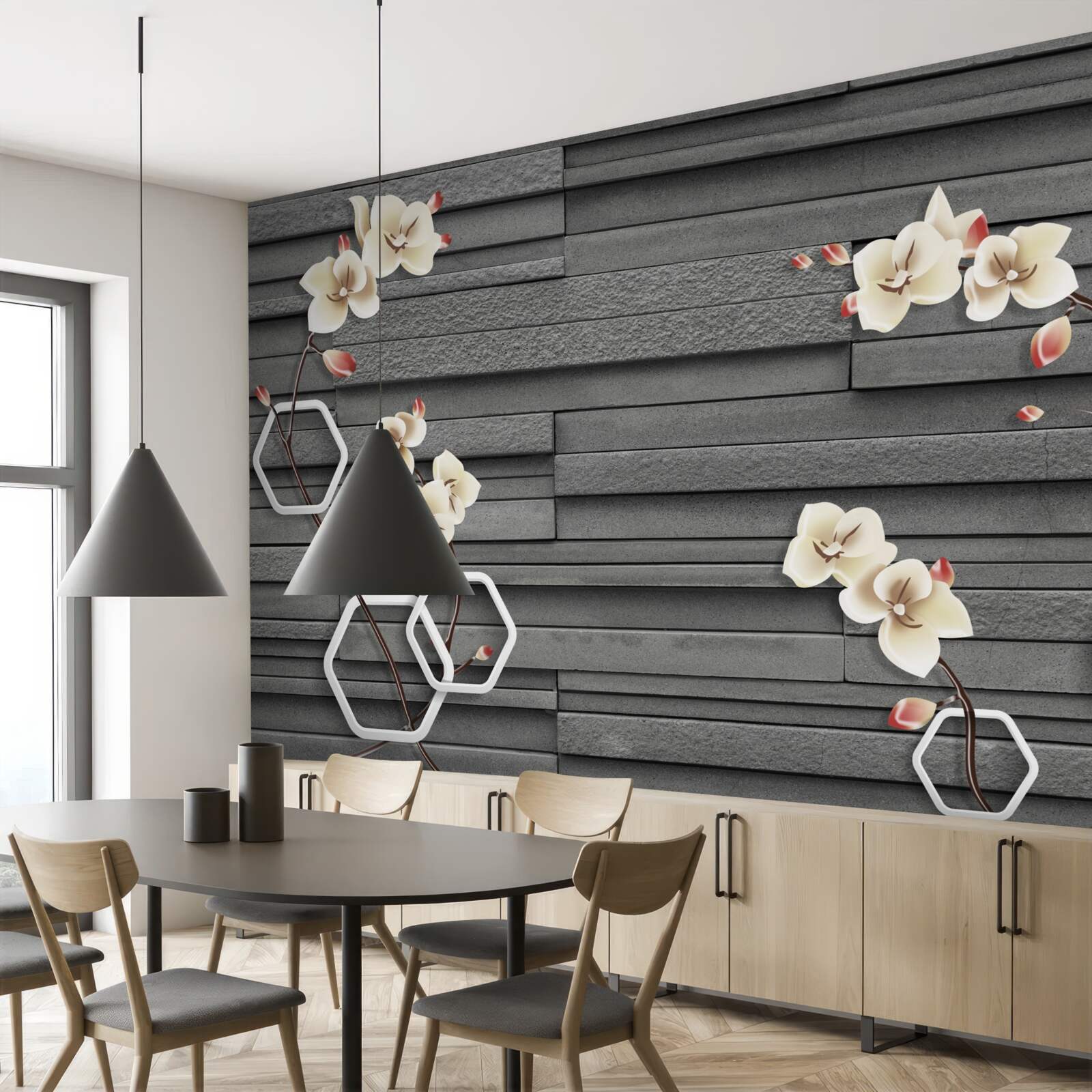 Fototapeta czarny kamienny mur ozdobiony białymi kwiatami