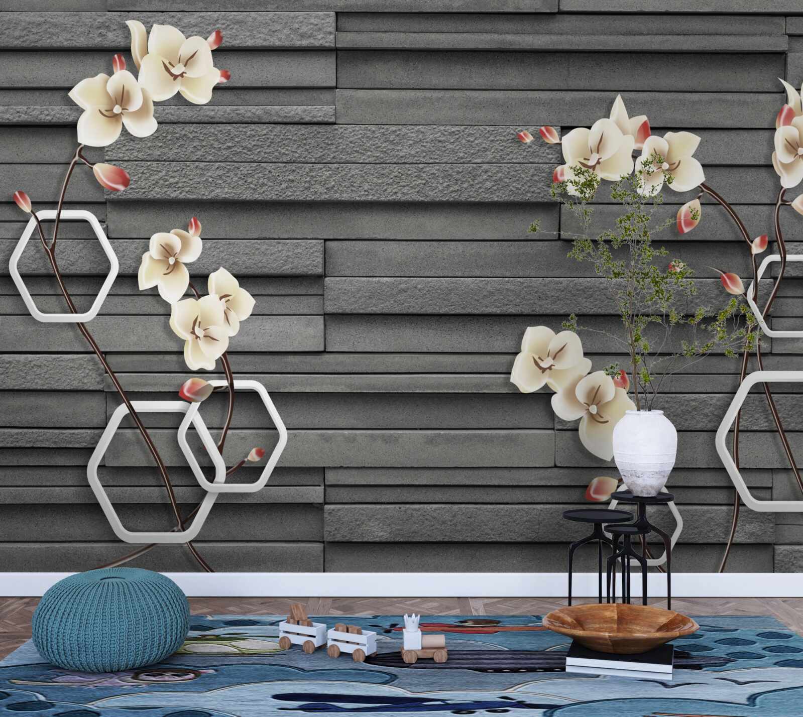 Fototapeta czarny kamienny mur ozdobiony białymi kwiatami