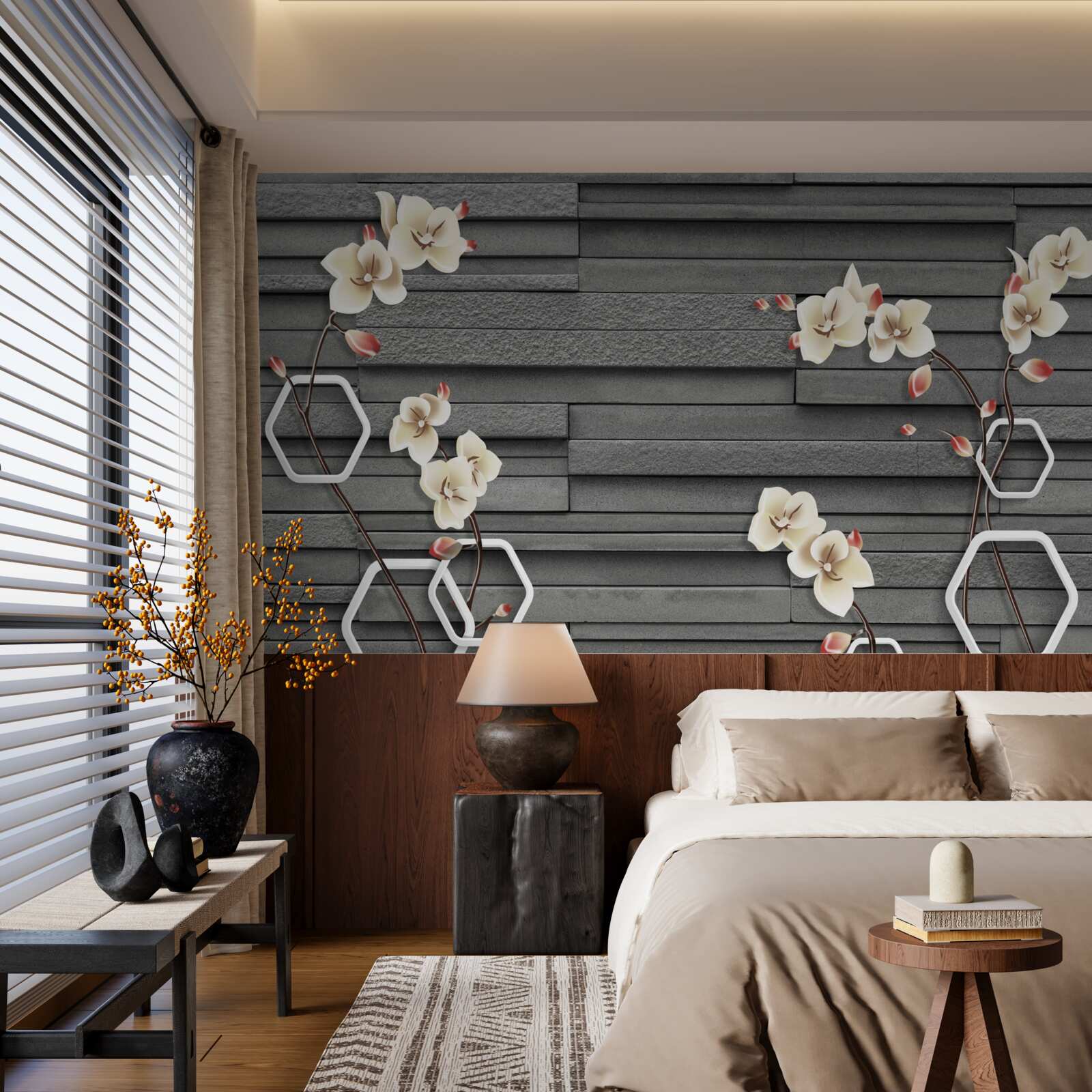 Fototapeta czarny kamienny mur ozdobiony białymi kwiatami