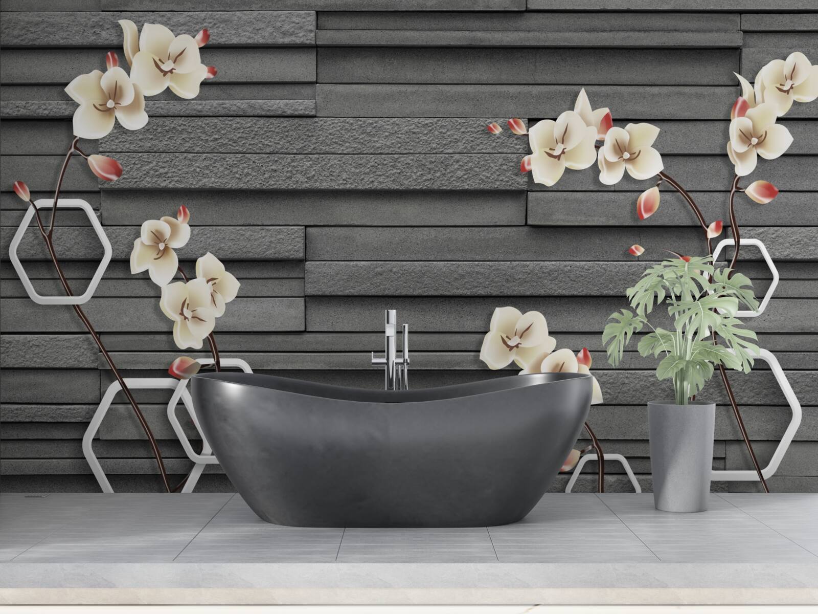 Fototapeta czarny kamienny mur ozdobiony białymi kwiatami