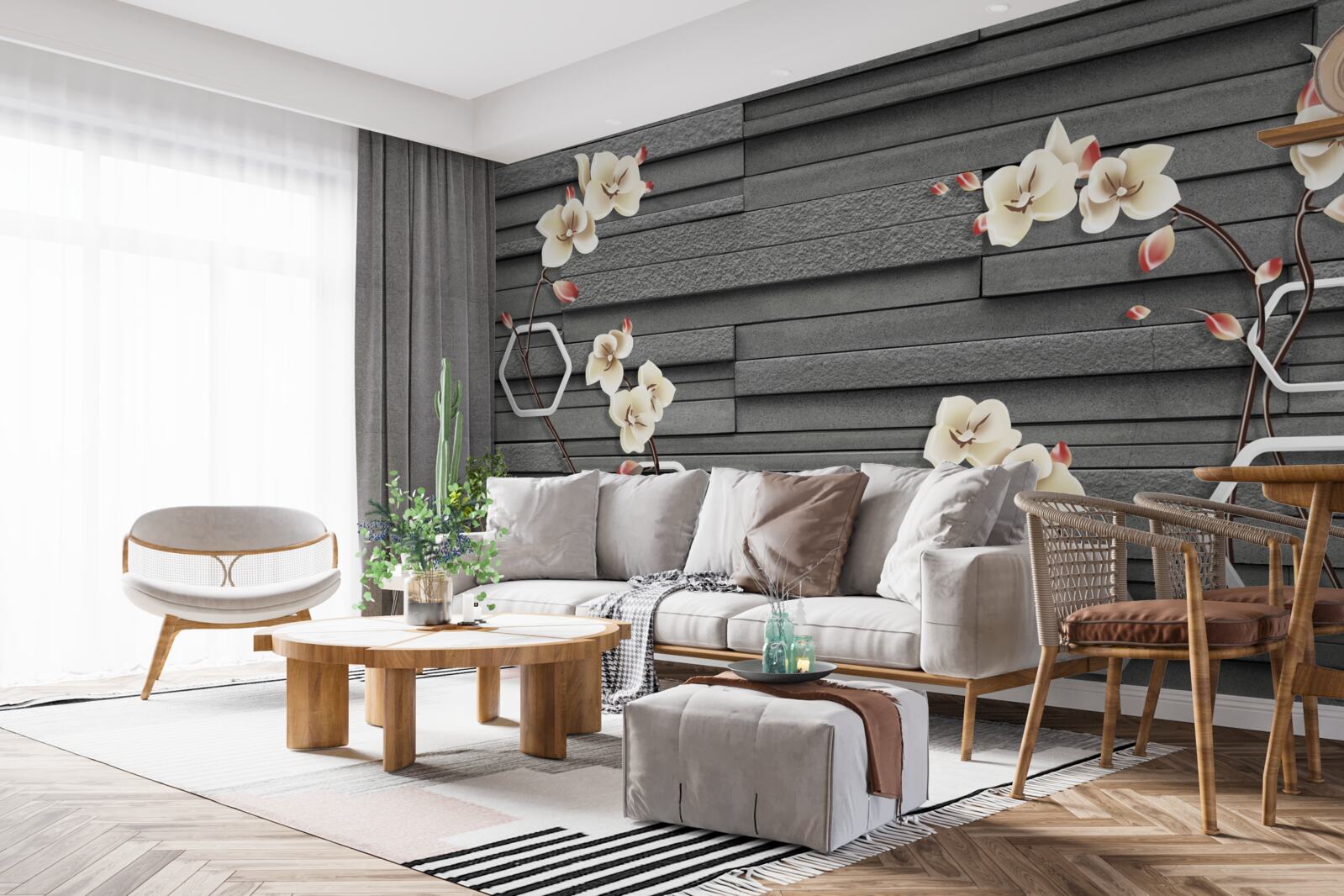 Fototapeta czarny kamienny mur ozdobiony białymi kwiatami