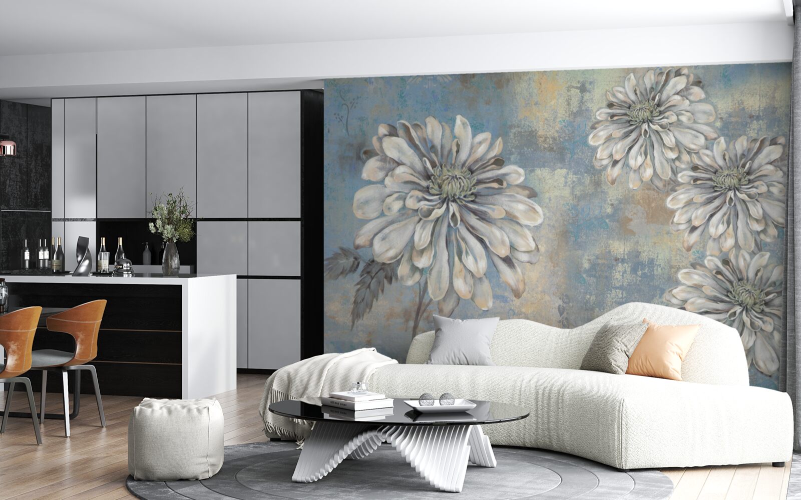 Fototapeta na tle deszczu wlewają się śnieżnobiałe astry wielkości deszczu