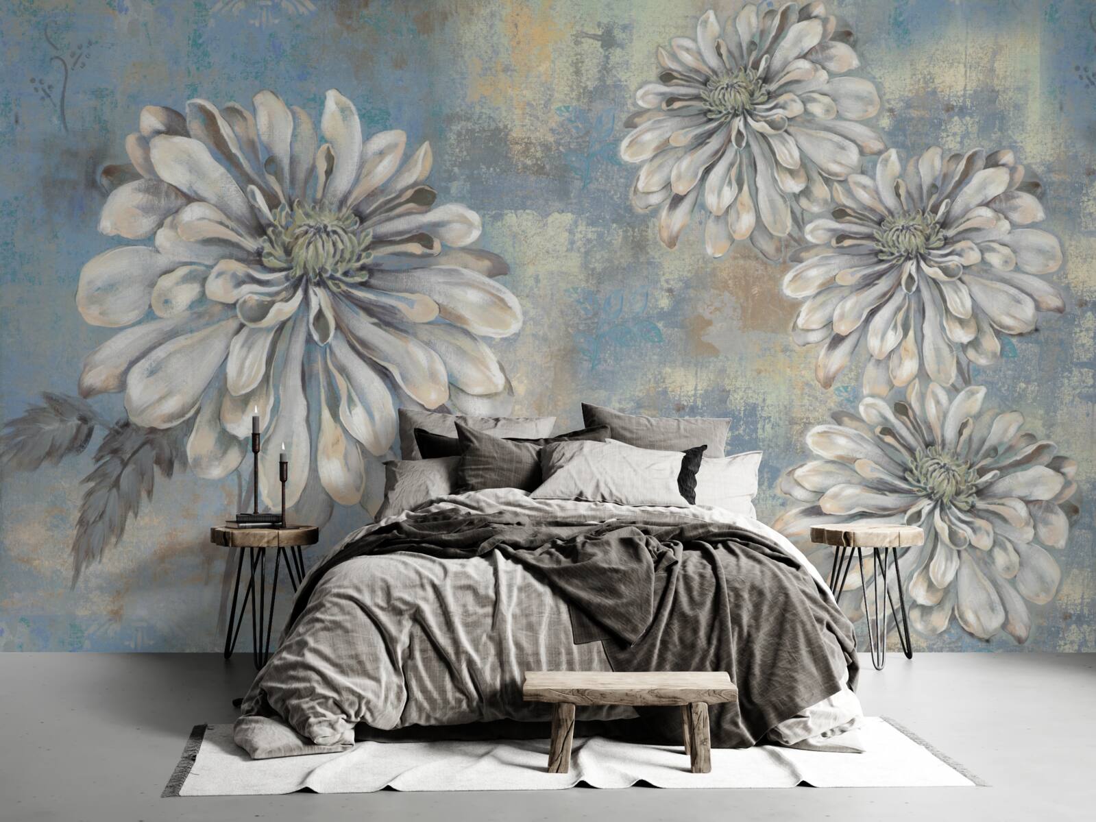 Fototapeta na tle deszczu wlewają się śnieżnobiałe astry wielkości deszczu