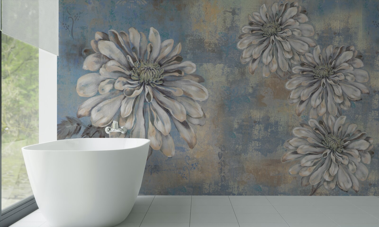 Fototapeta na tle deszczu wlewają się śnieżnobiałe astry wielkości deszczu