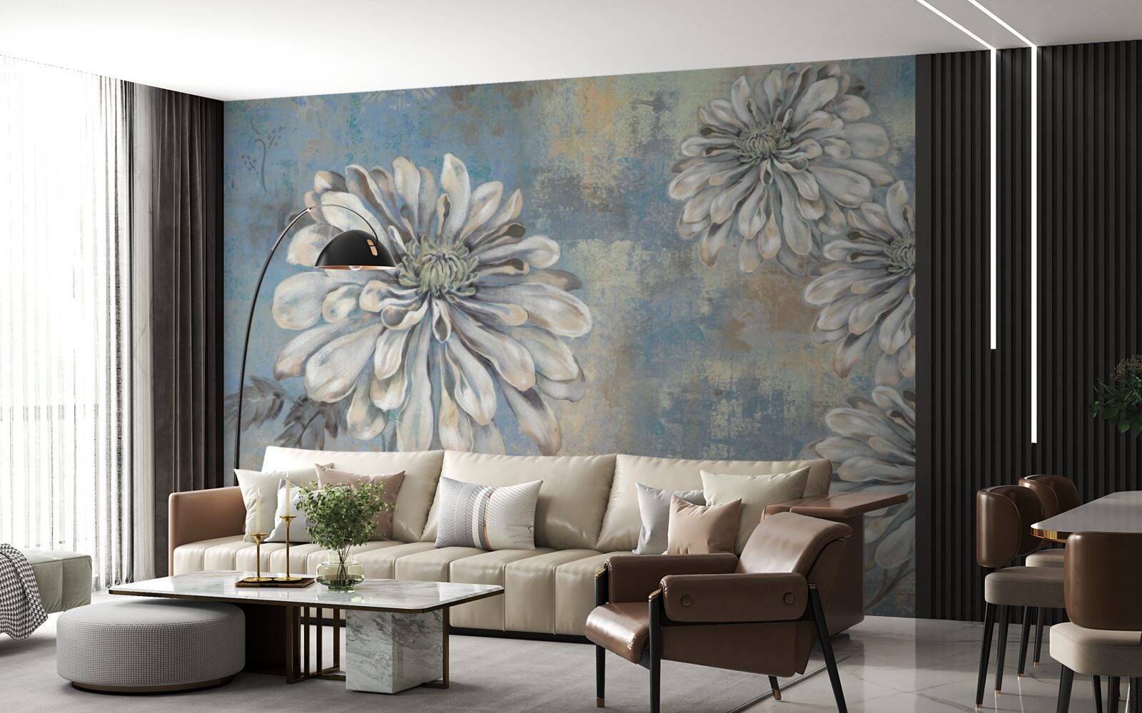 Fototapeta na tle deszczu wlewają się śnieżnobiałe astry wielkości deszczu