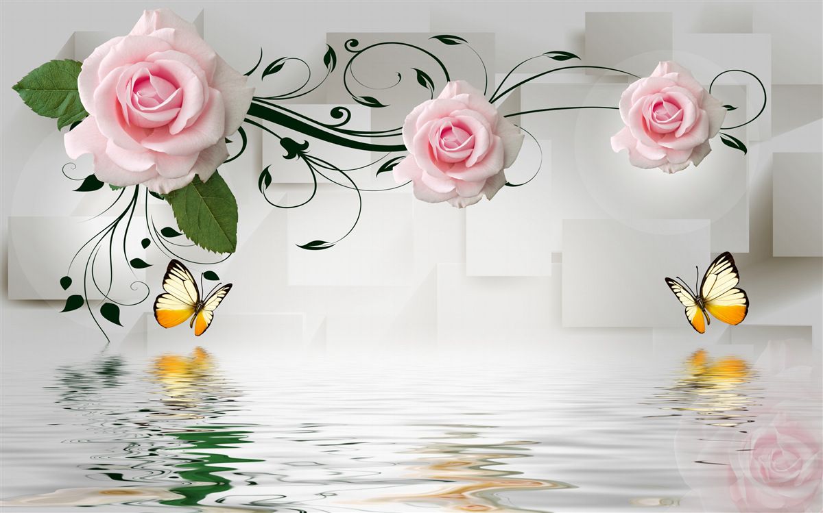 Fototapeta motyle nad wodą w pobliżu gałązki róży o delikatnym różowym odcieniu