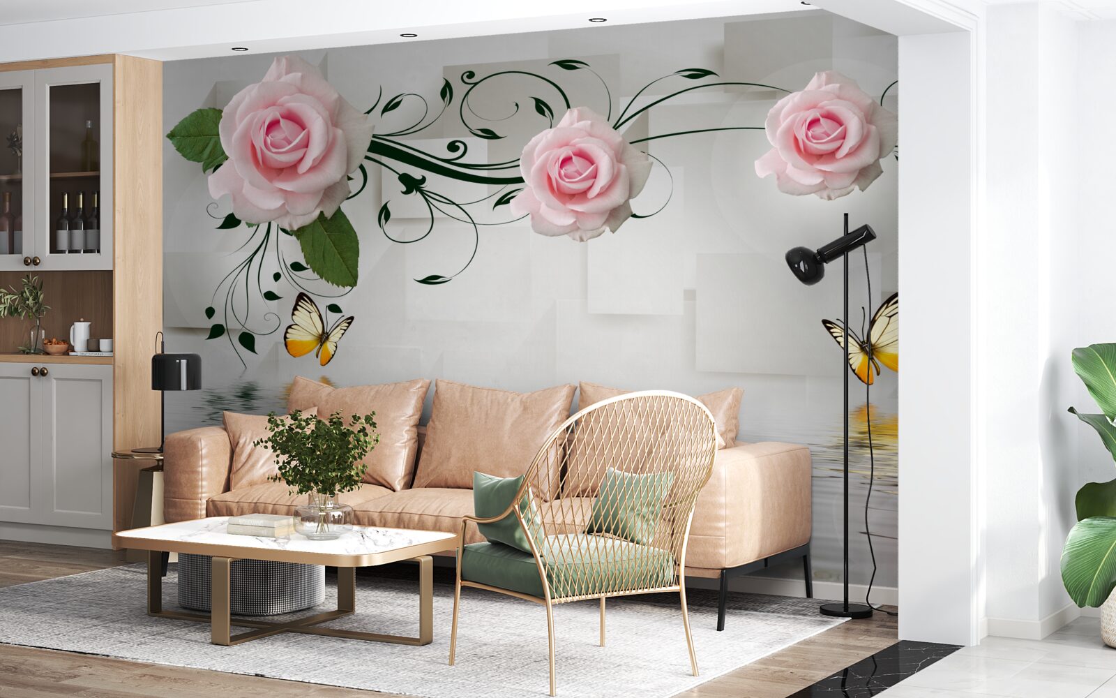 Fototapeta motyle nad wodą w pobliżu gałązki róży o delikatnym różowym odcieniu