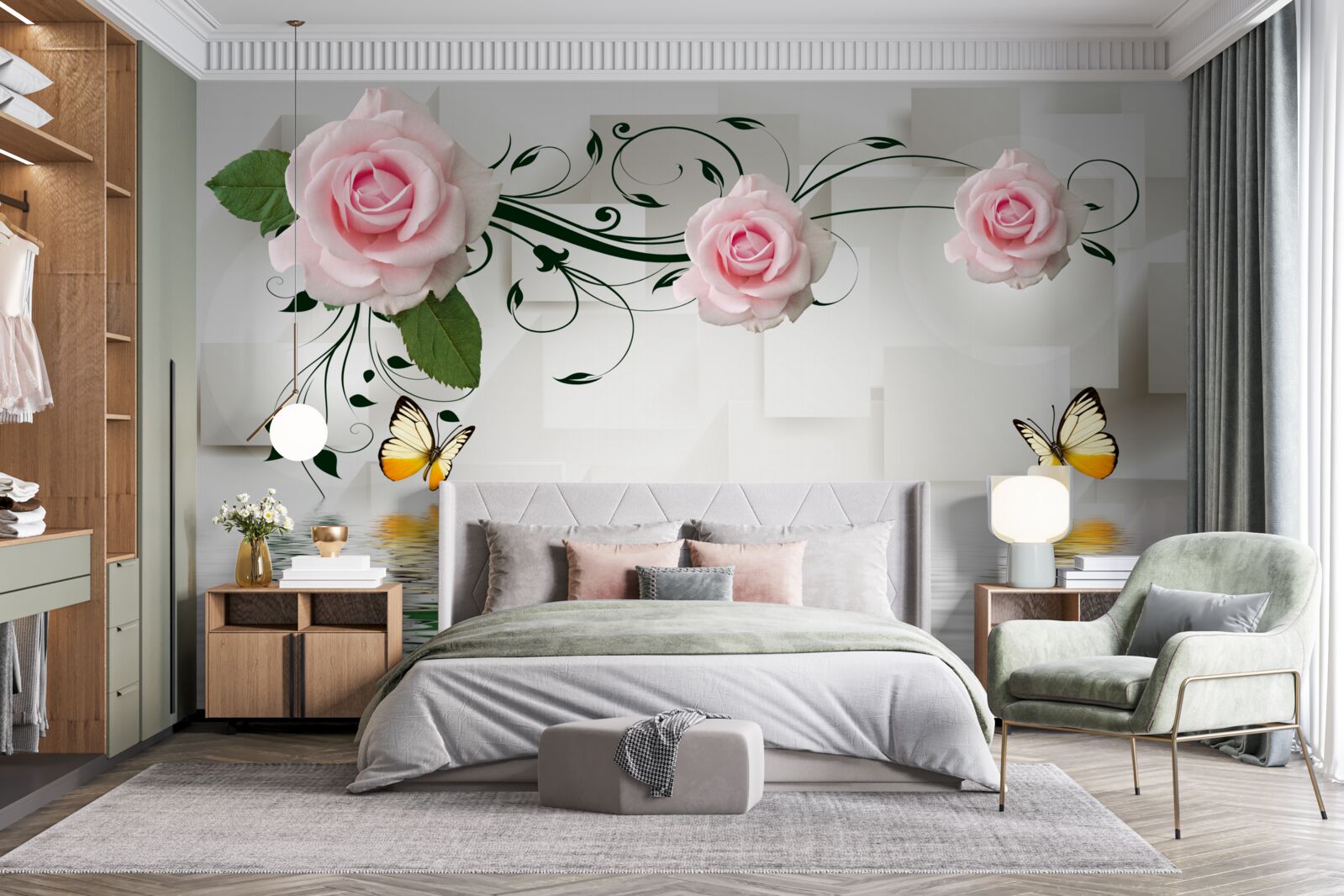 Fototapeta motyle nad wodą w pobliżu gałązki róży o delikatnym różowym odcieniu