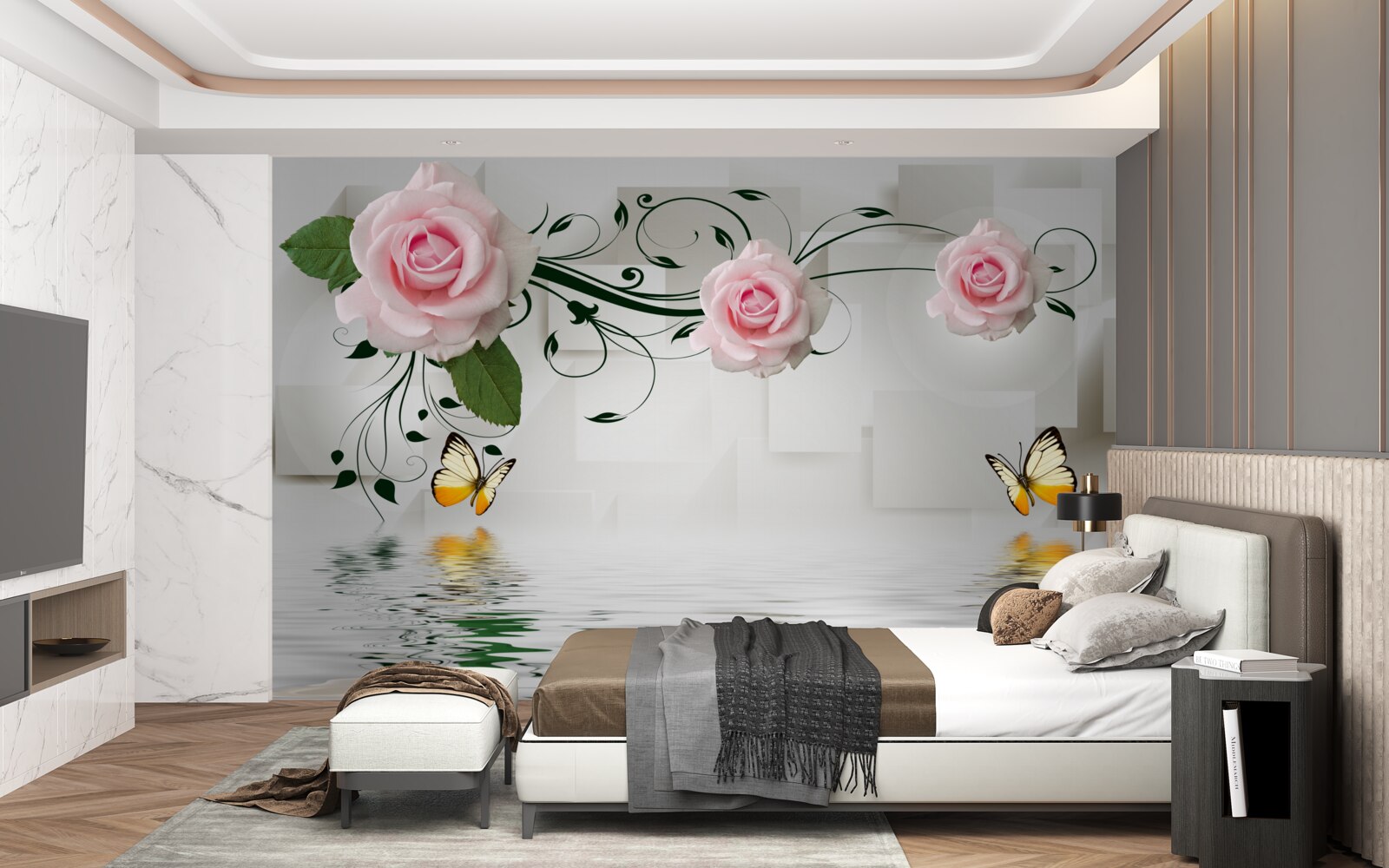 Fototapeta motyle nad wodą w pobliżu gałązki róży o delikatnym różowym odcieniu