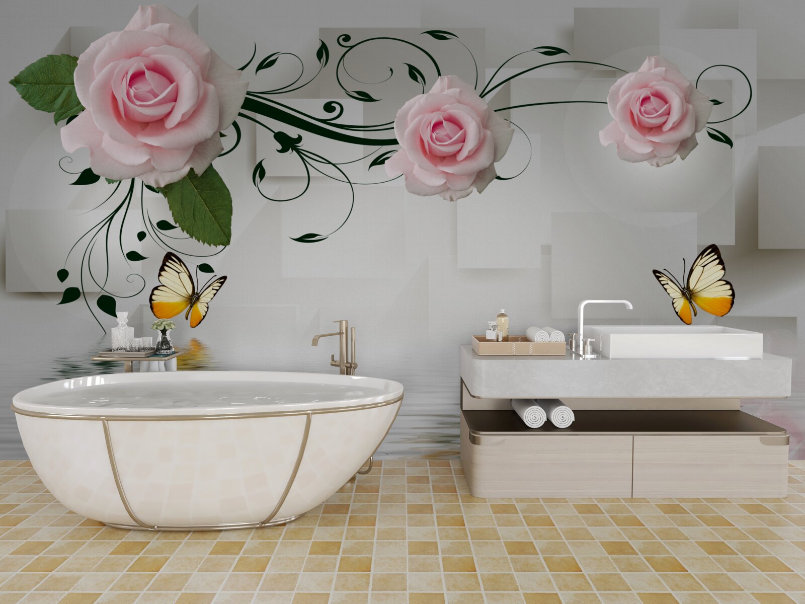 Fototapeta motyle nad wodą w pobliżu gałązki róży o delikatnym różowym odcieniu