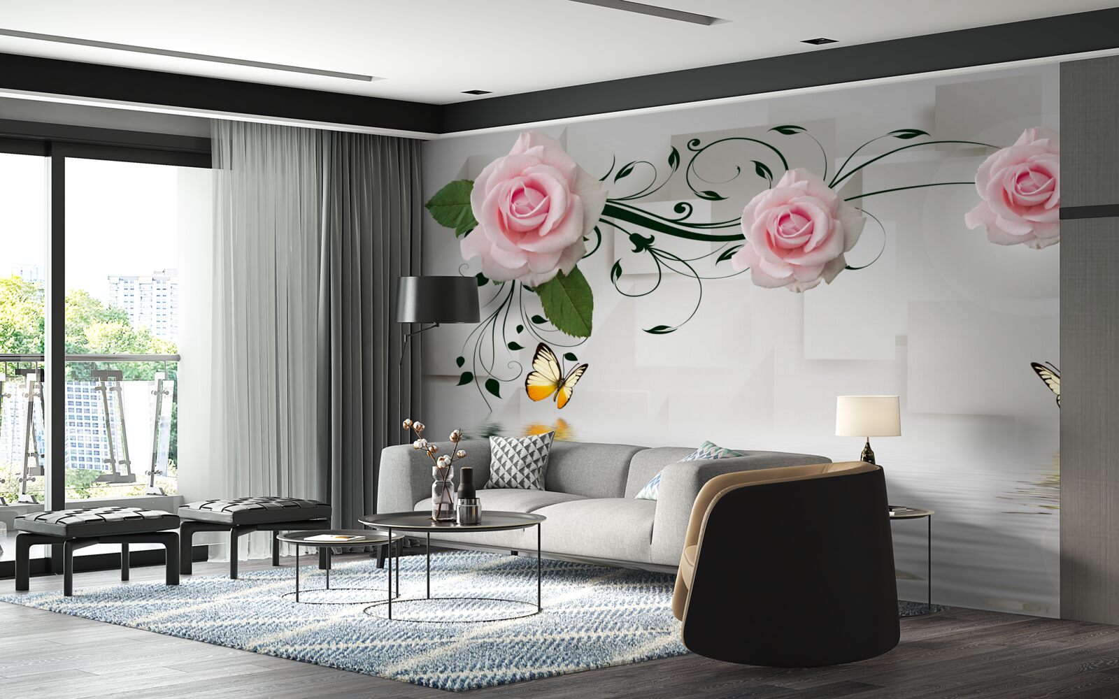 Fototapeta motyle nad wodą w pobliżu gałązki róży o delikatnym różowym odcieniu