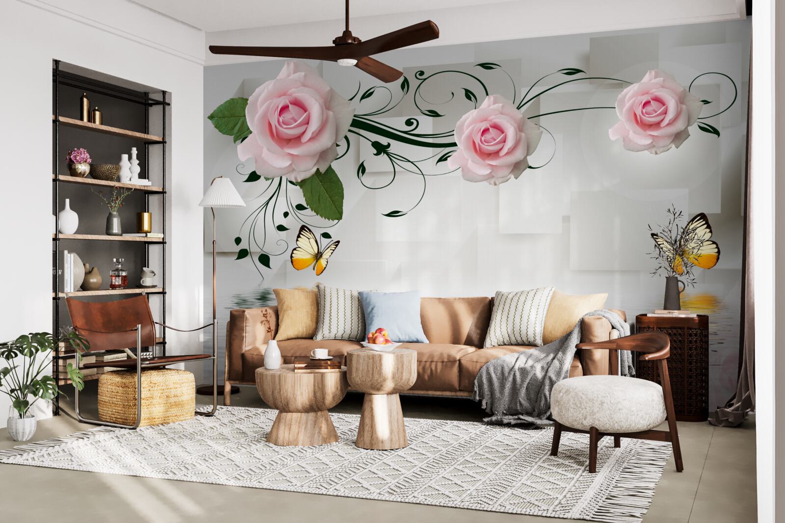 Fototapeta motyle nad wodą w pobliżu gałązki róży o delikatnym różowym odcieniu