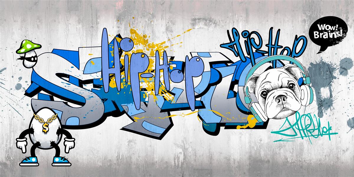 Fototapeta graffiti na ścianie ze zdjęciem psa w słuchawkach