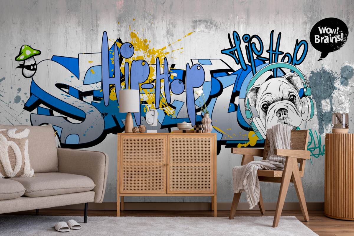 Fototapeta graffiti na ścianie ze zdjęciem psa w słuchawkach