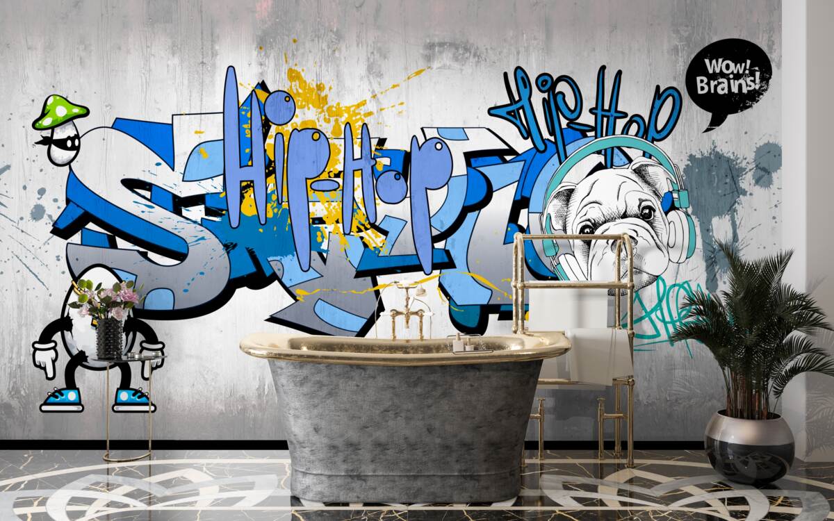 Fototapeta graffiti na ścianie ze zdjęciem psa w słuchawkach