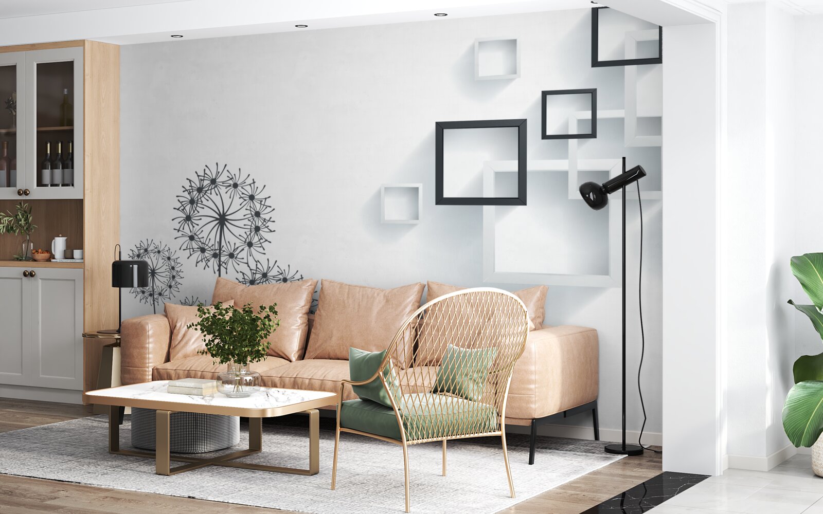 Fototapeta geometryczne kształty na białym tle z mleczami