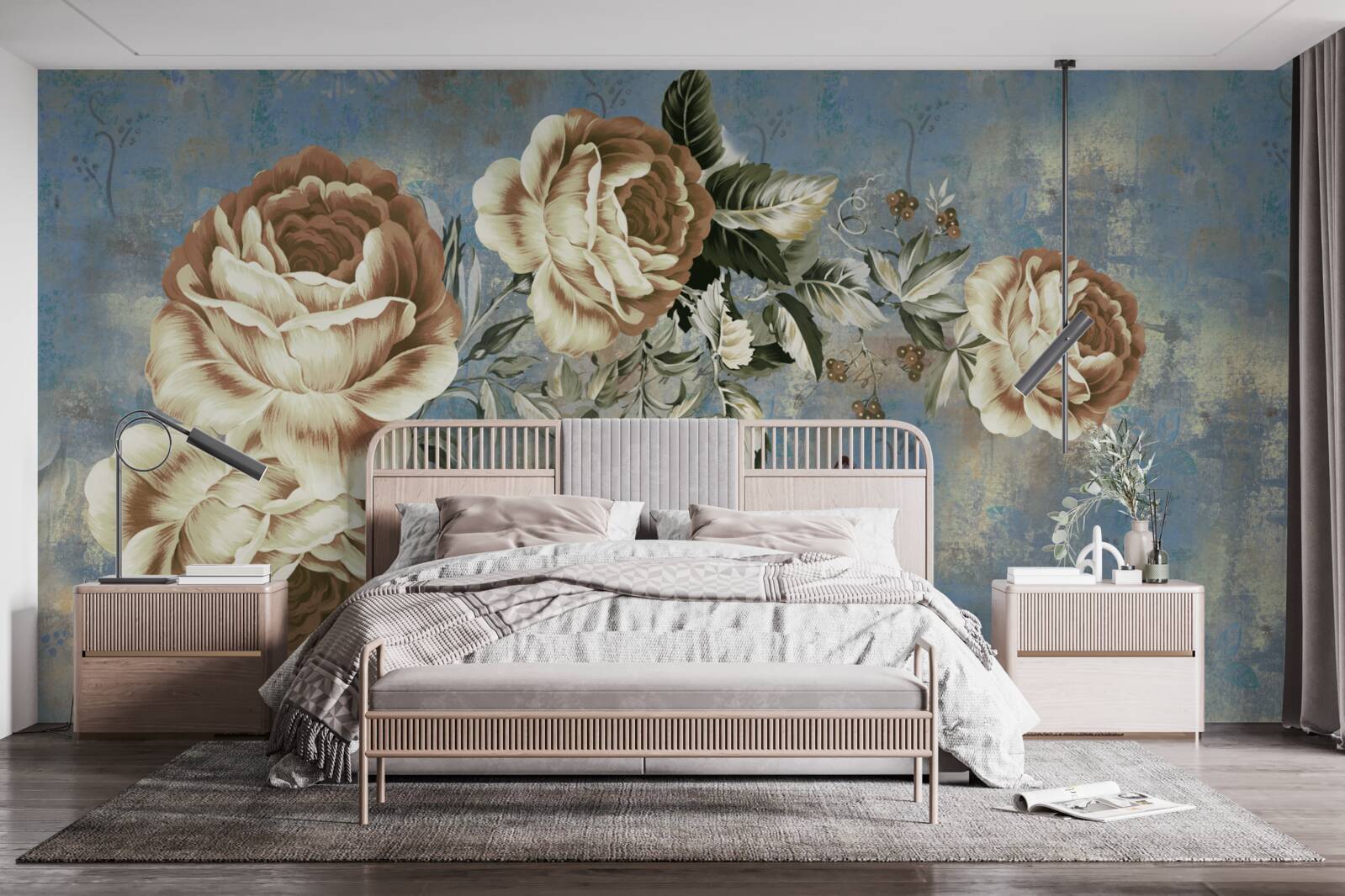 Fototapeta gałąź z delikatnymi kremowymi kwiatami spokojnie pochyliła się nad wodą