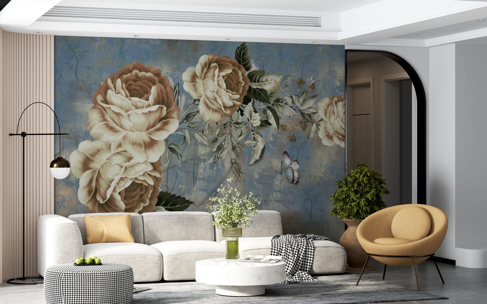 Fototapeta gałąź z delikatnymi kremowymi kwiatami spokojnie pochyliła się nad wodą