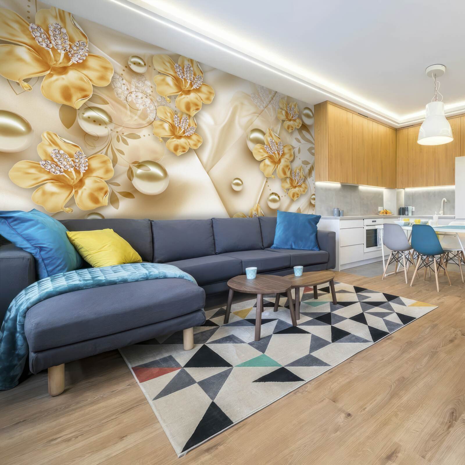 Fototapeta jedwabna tkanina ozdobiona jest złotymi i perłowymi kwiatami