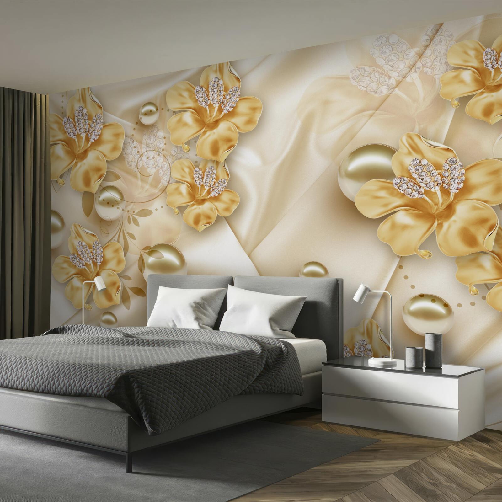 Fototapeta jedwabna tkanina ozdobiona jest złotymi i perłowymi kwiatami