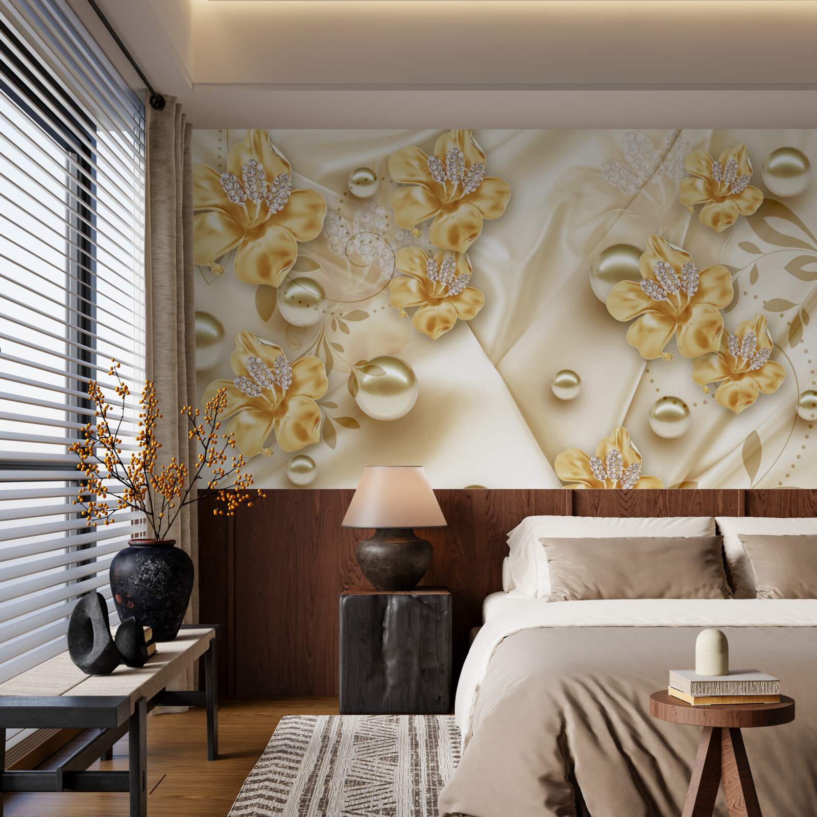 Fototapeta jedwabna tkanina ozdobiona jest złotymi i perłowymi kwiatami