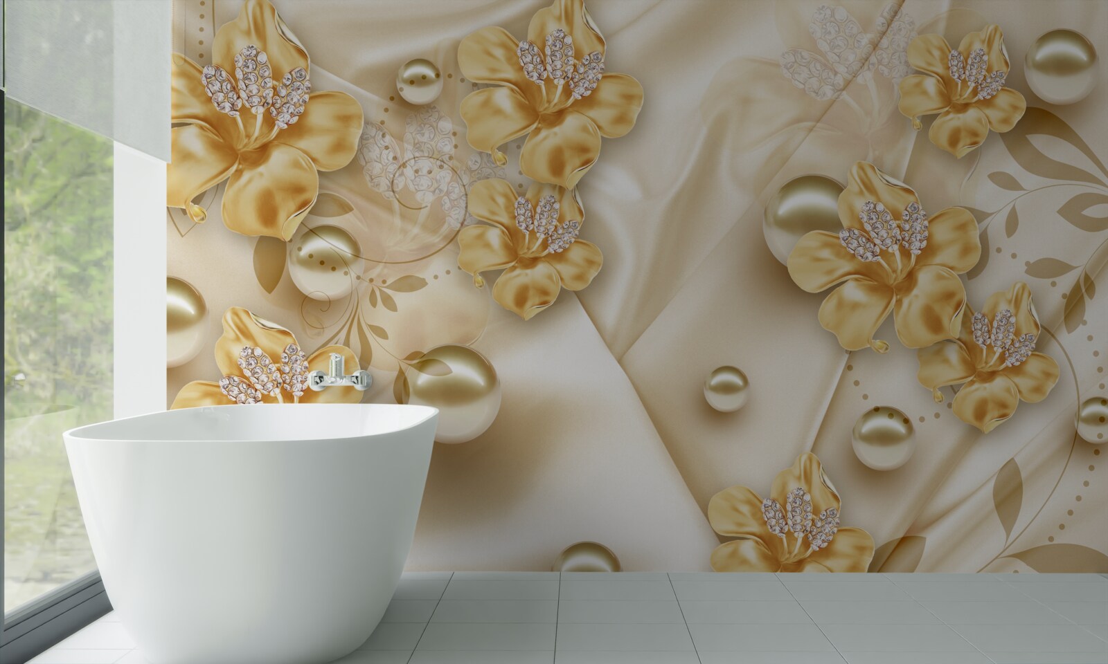 Fototapeta jedwabna tkanina ozdobiona jest złotymi i perłowymi kwiatami