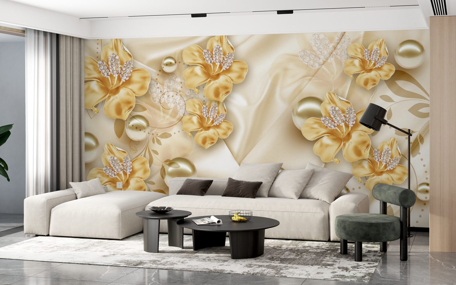 Fototapeta jedwabna tkanina ozdobiona jest złotymi i perłowymi kwiatami