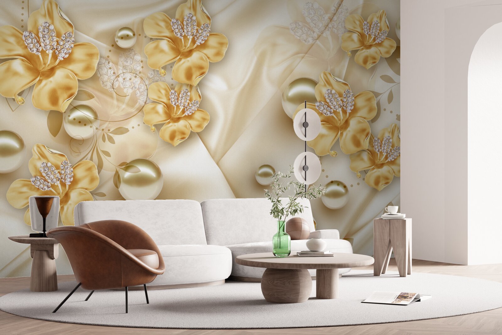 Fototapeta jedwabna tkanina ozdobiona jest złotymi i perłowymi kwiatami