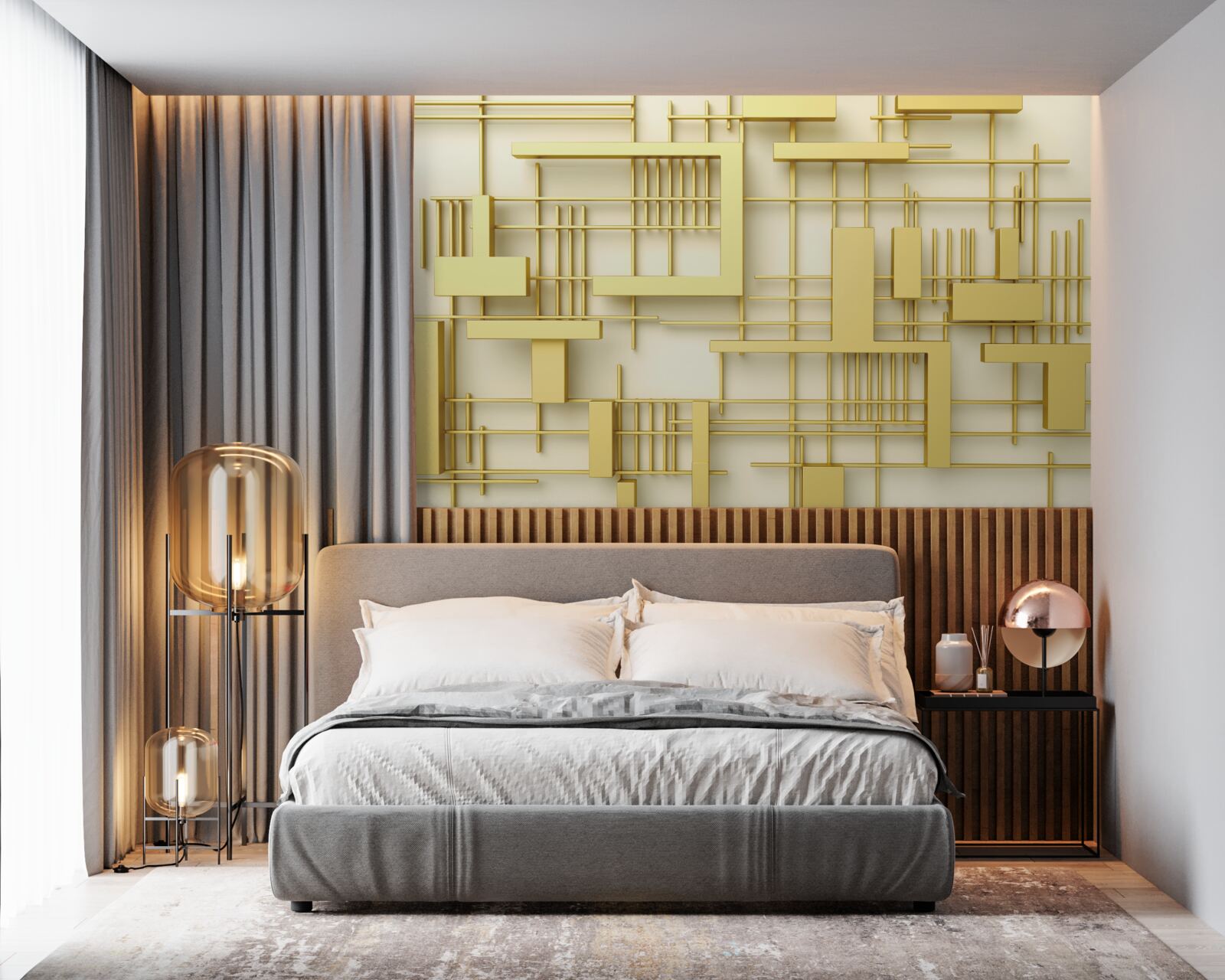 Fototapeta geometryczne kształty wykonane ze złota, umieszczone na złotej siatce