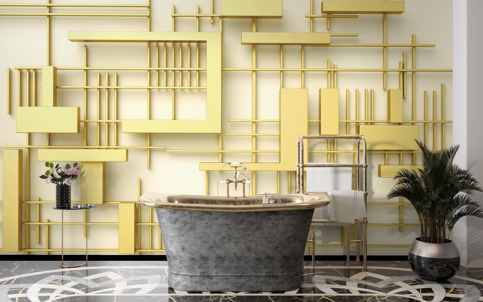 Fototapeta geometryczne kształty wykonane ze złota, umieszczone na złotej siatce