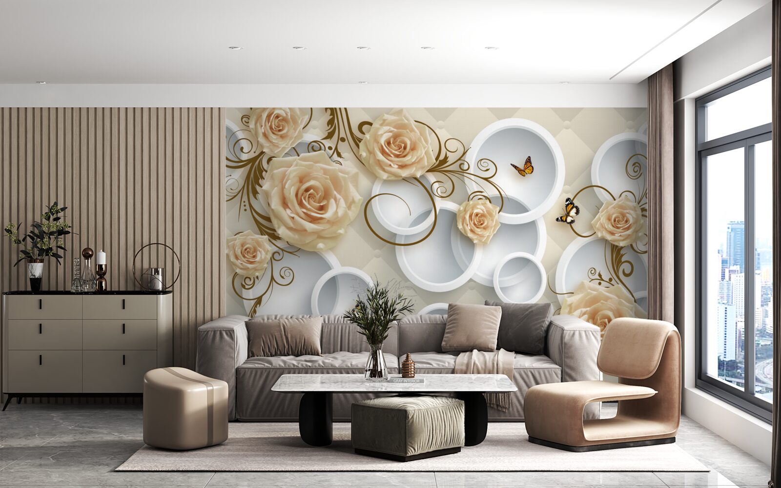 Fototapeta gałęzie z brązowymi różami na abstrakcyjnym tle