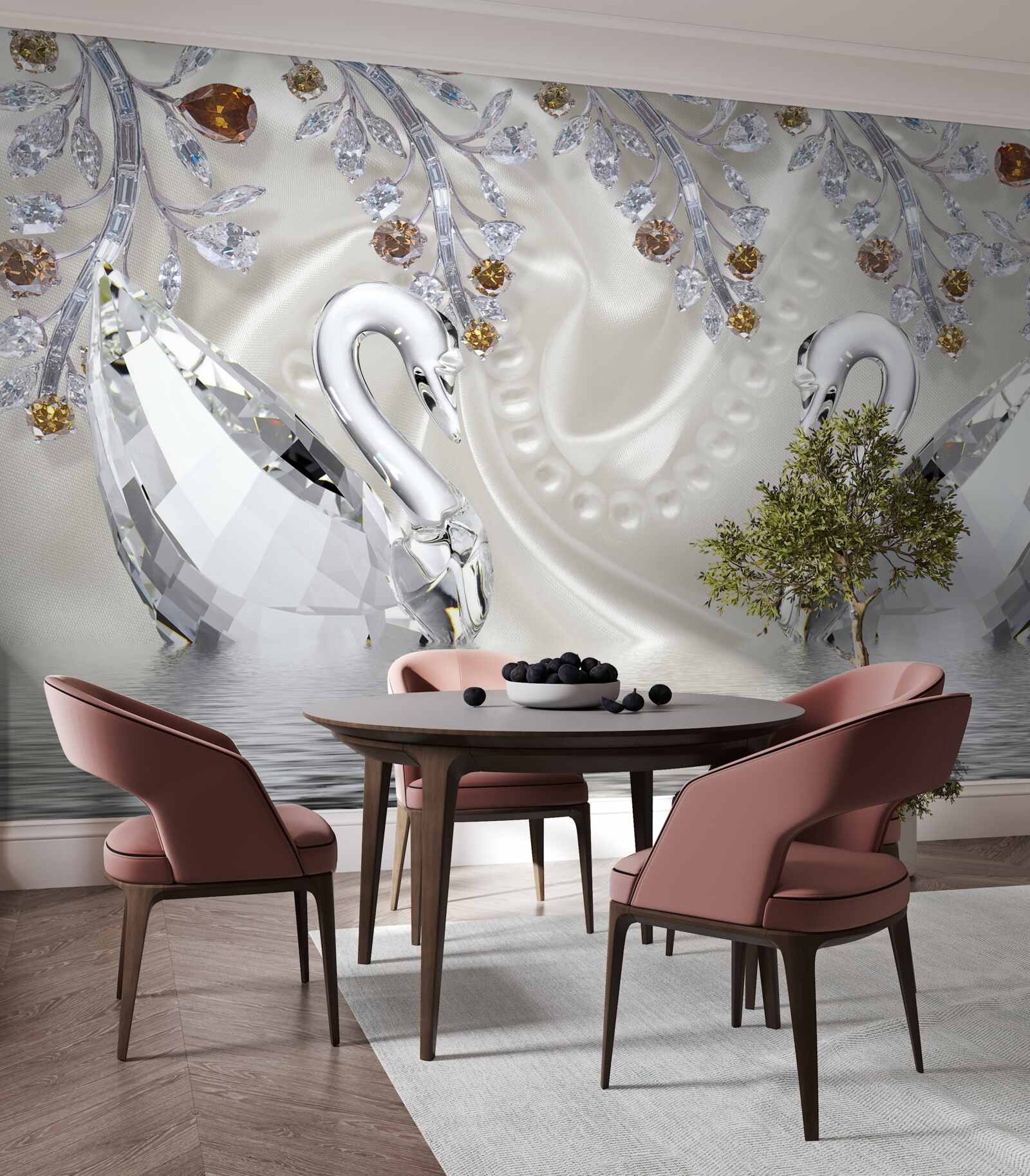 Fototapeta po stawie pływają śnieżnobiałe łabędzie, a gałęzie kwiatów mają złoty odcień