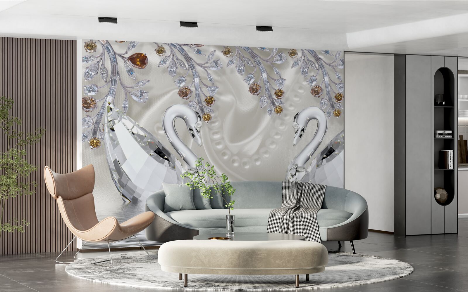 Fototapeta po stawie pływają śnieżnobiałe łabędzie, a gałęzie kwiatów mają złoty odcień