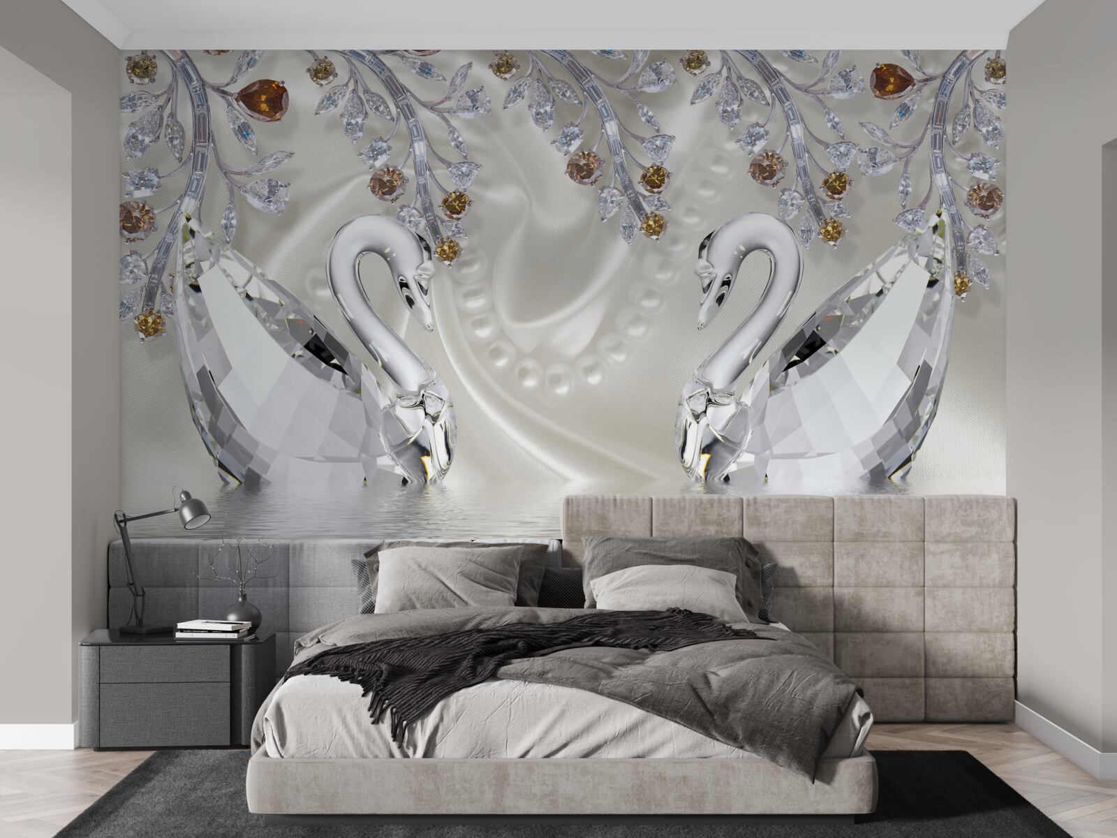 Fototapeta po stawie pływają śnieżnobiałe łabędzie, a gałęzie kwiatów mają złoty odcień