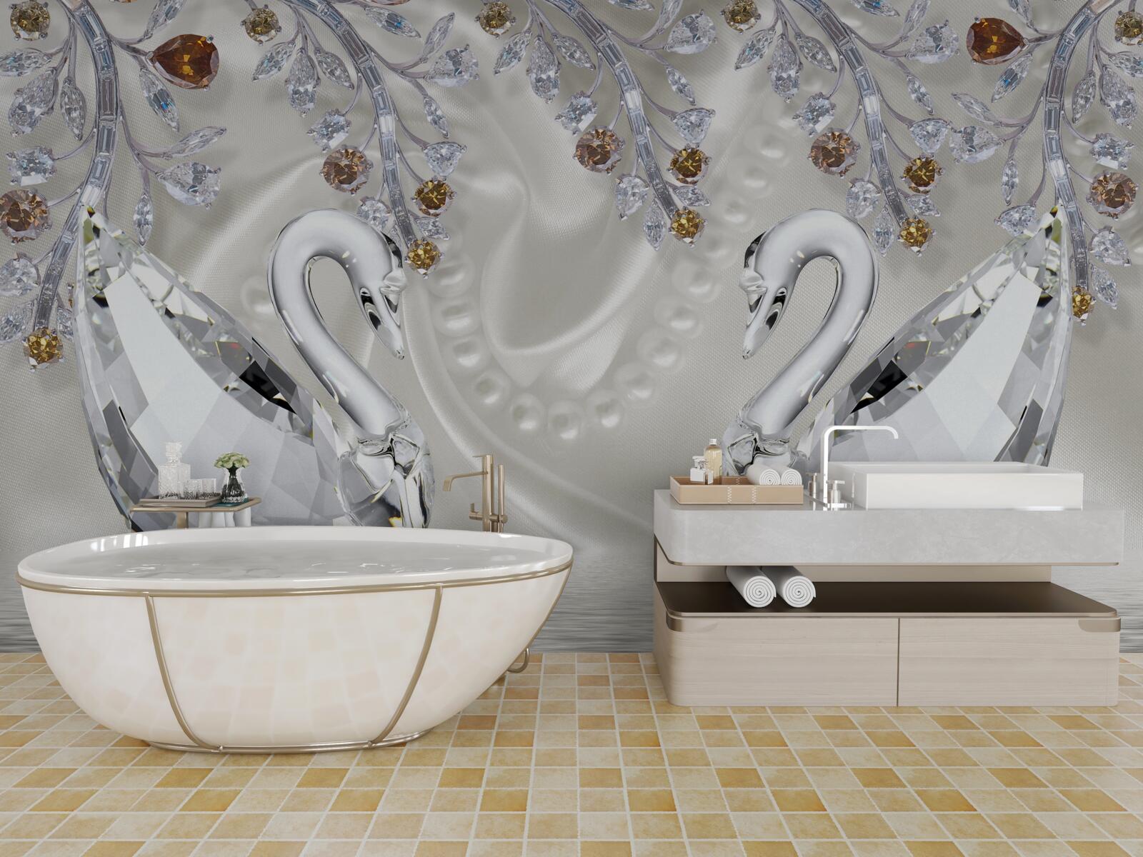 Fototapeta po stawie pływają śnieżnobiałe łabędzie, a gałęzie kwiatów mają złoty odcień