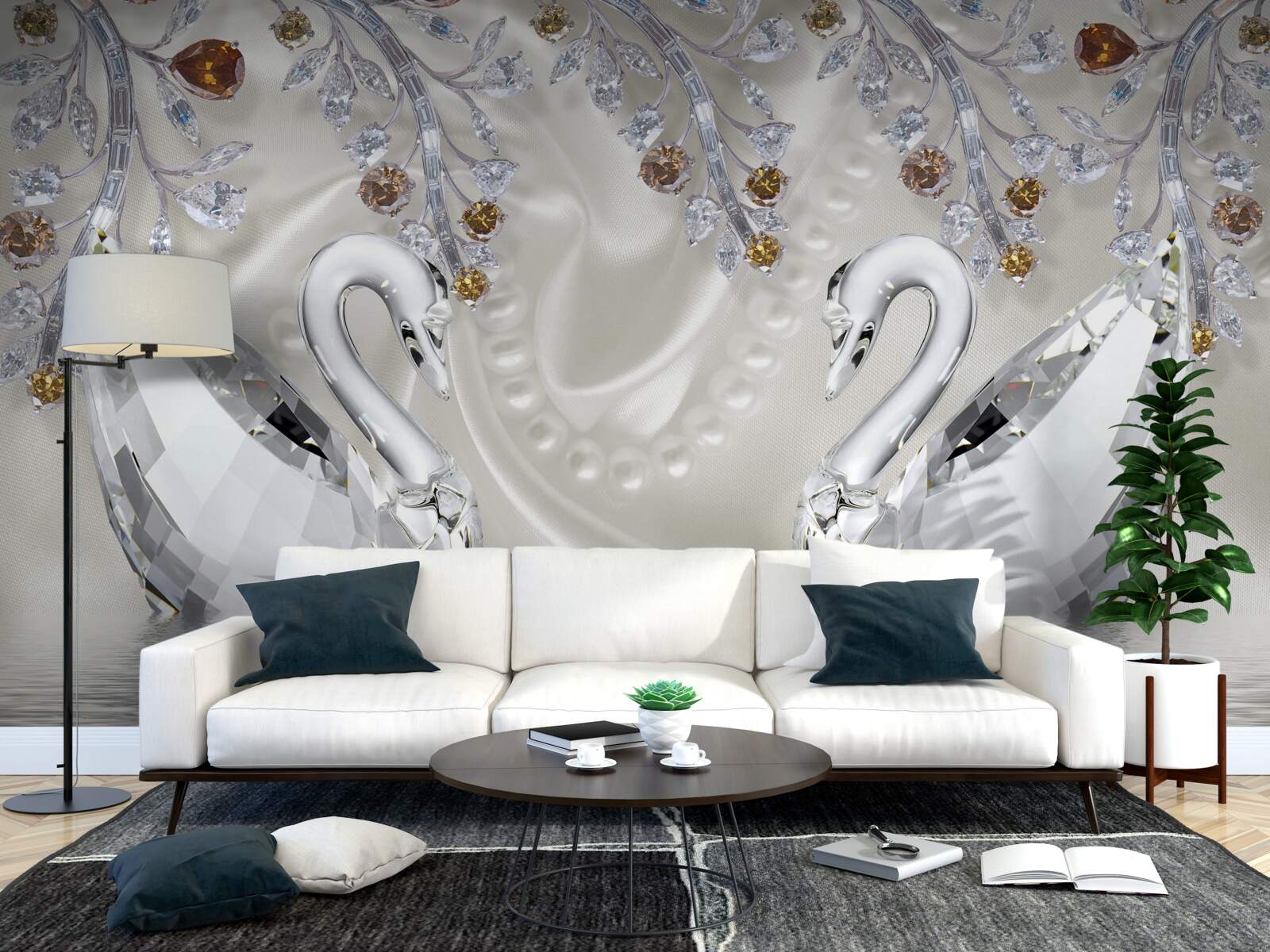 Fototapeta po stawie pływają śnieżnobiałe łabędzie, a gałęzie kwiatów mają złoty odcień