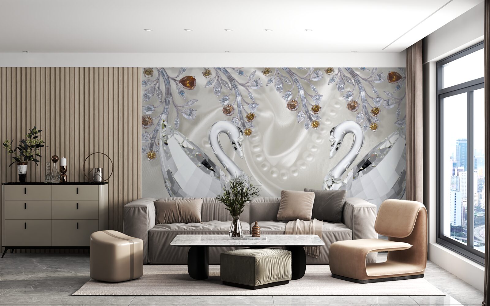 Fototapeta po stawie pływają śnieżnobiałe łabędzie, a gałęzie kwiatów mają złoty odcień