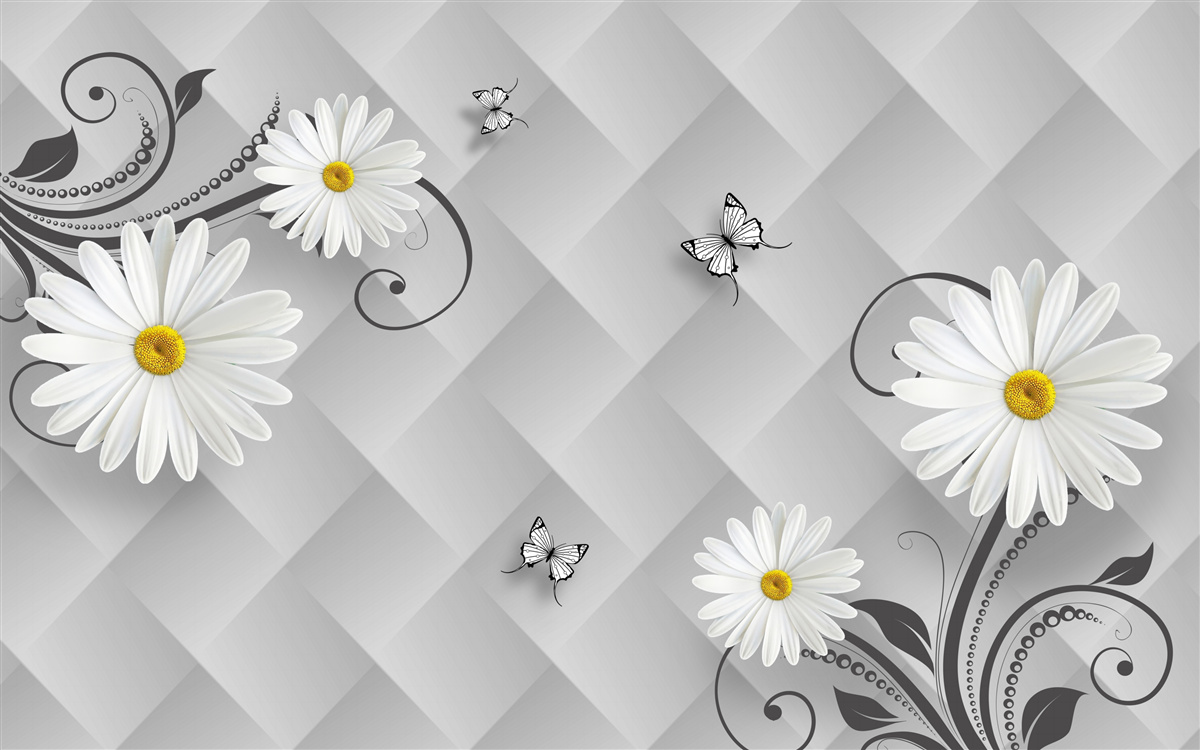 Fototapeta abstrakcyjne tło ozdobione białymi stokrotkami i motylami