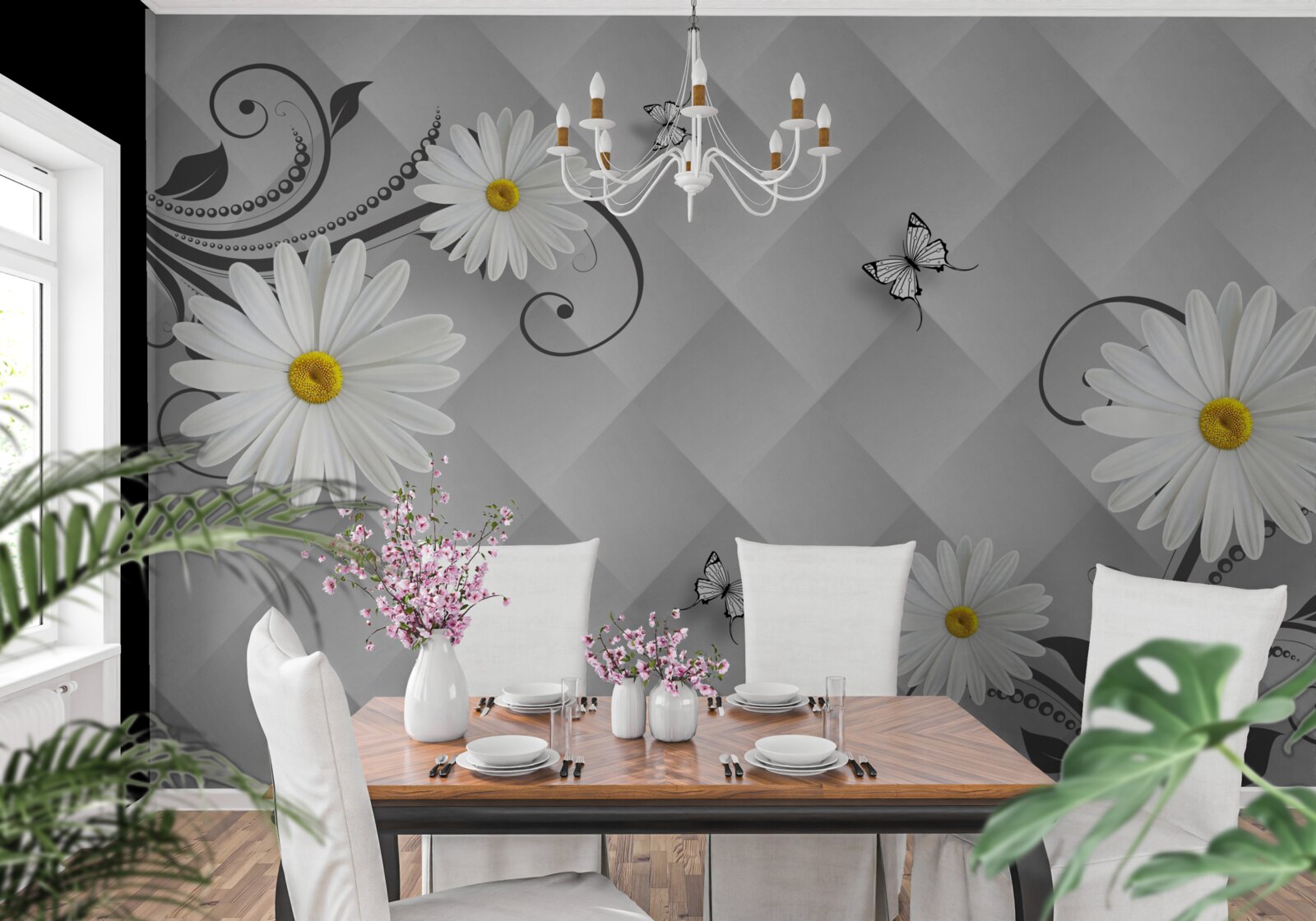 Fototapeta abstrakcyjne tło ozdobione białymi stokrotkami i motylami