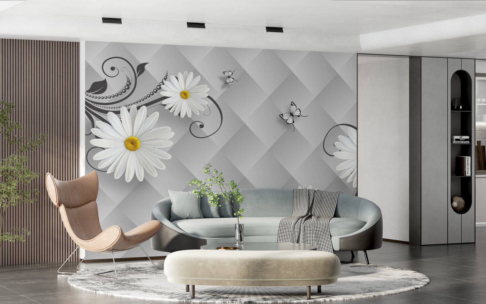 Fototapeta abstrakcyjne tło ozdobione białymi stokrotkami i motylami