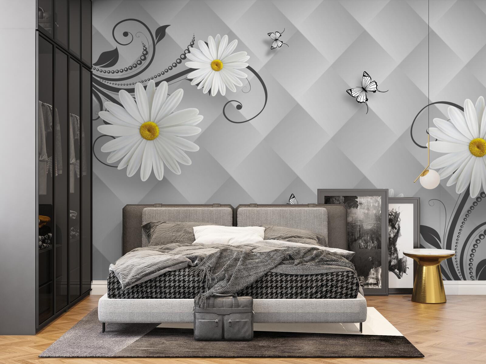 Fototapeta abstrakcyjne tło ozdobione białymi stokrotkami i motylami