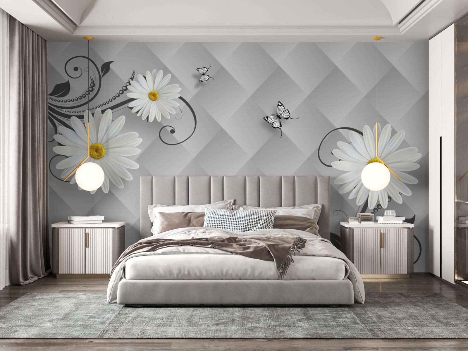 Fototapeta abstrakcyjne tło ozdobione białymi stokrotkami i motylami