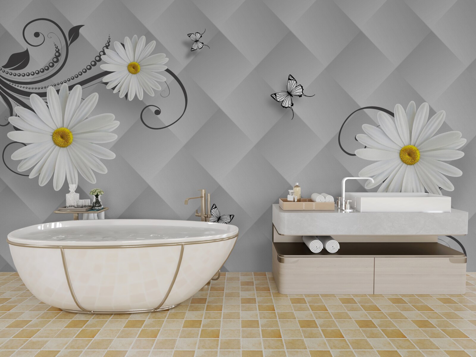 Fototapeta abstrakcyjne tło ozdobione białymi stokrotkami i motylami